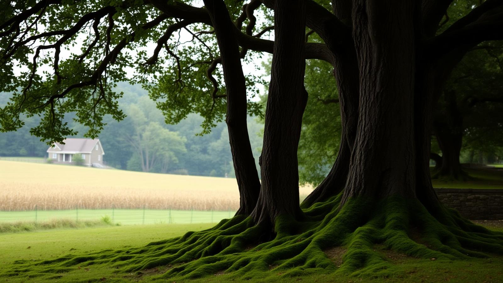 Old oaks and moss at the edge of a field near Nashville, Tennessee